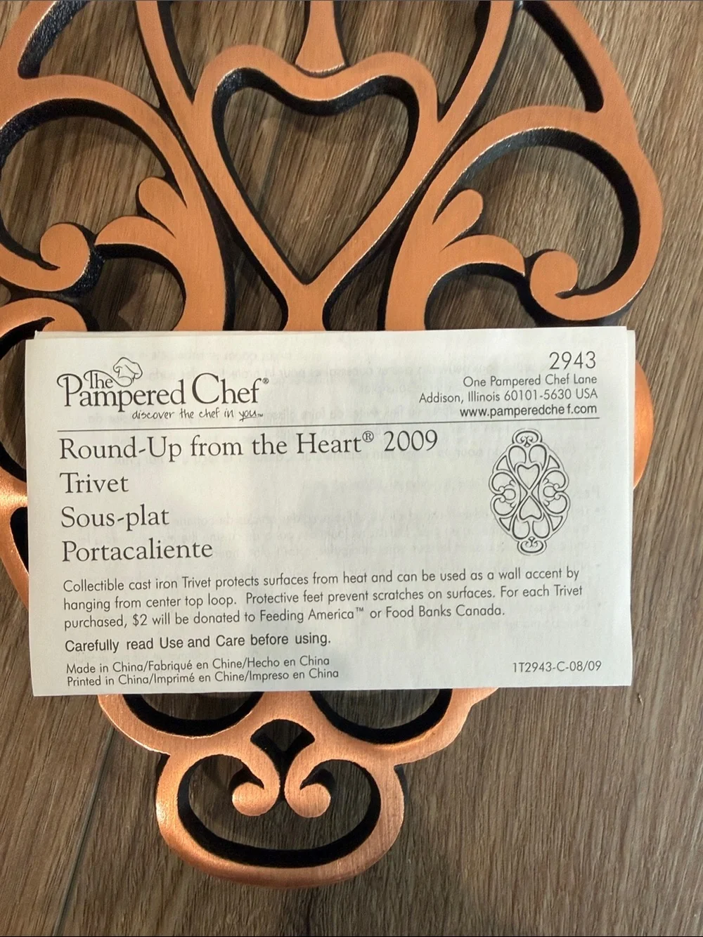 The Pampered Chef Copper Heart Motif Trivet 2009